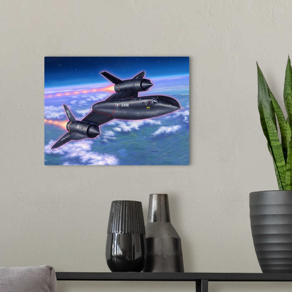 A modern room featuring An SR-71 Blackbird cruises at high speed and altitude.