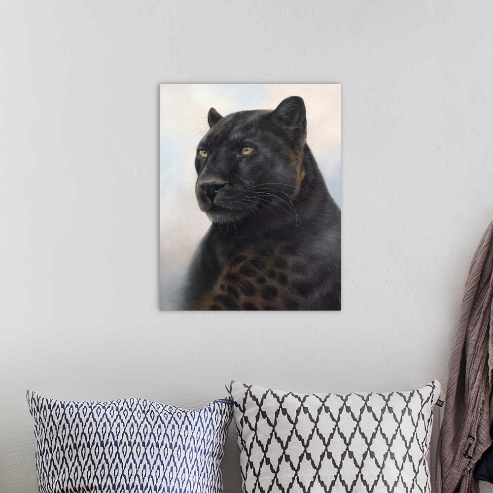 A bohemian room featuring Portrait of a black leopard.