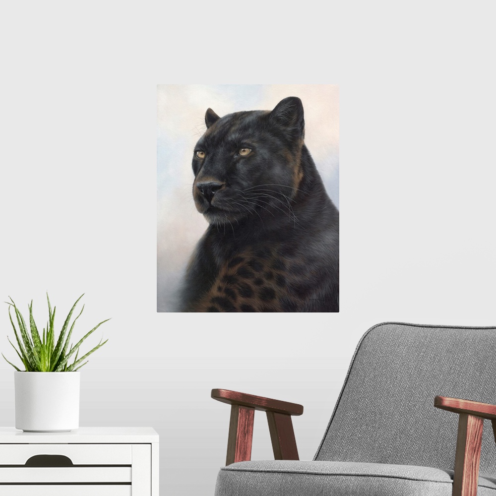 A modern room featuring Portrait of a black leopard.