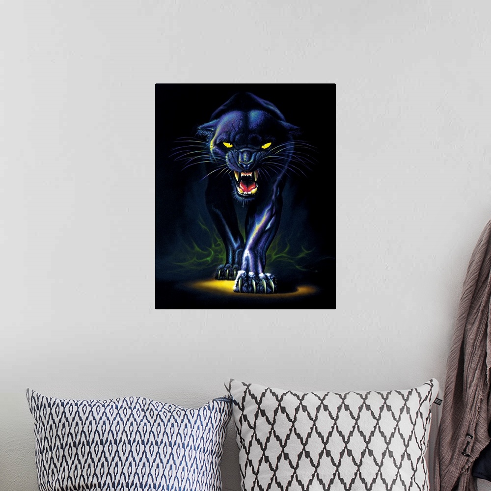 A bohemian room featuring This fantasy style artwork shows a panther as it snarls and creeps toward the front of the painting.