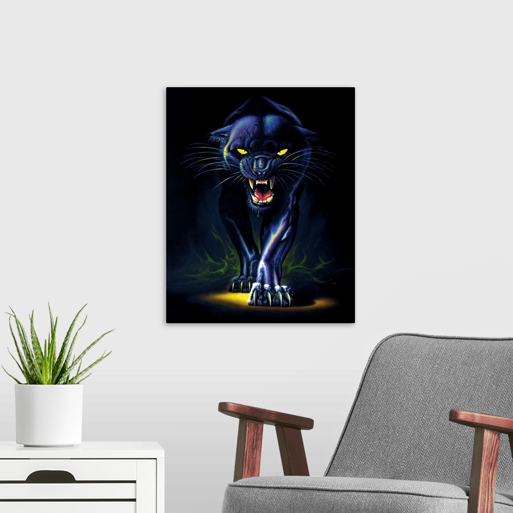 A modern room featuring This fantasy style artwork shows a panther as it snarls and creeps toward the front of the painting.