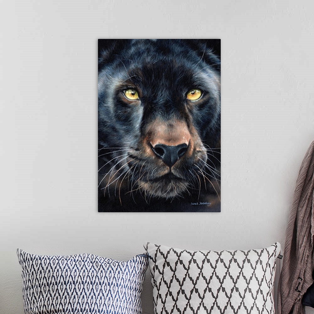 A bohemian room featuring Oil painting on canvas of a Black panther.