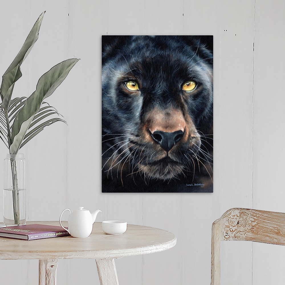 A farmhouse room featuring Oil painting on canvas of a Black panther.