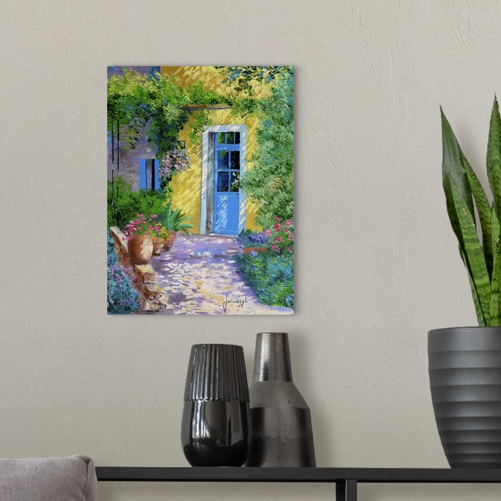 A modern room featuring Contemporary painting of a blue door surrounded by blooming flowers and lush vines.