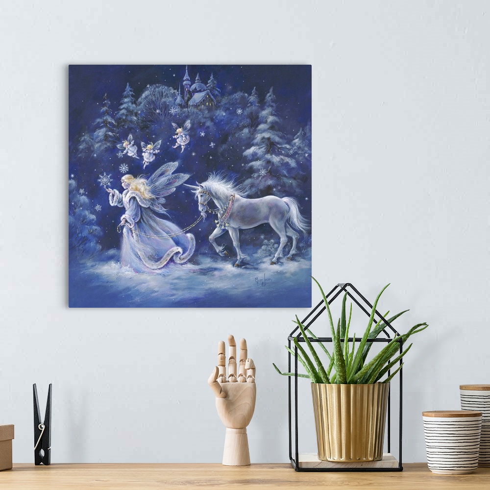 A bohemian room featuring Whimsical contemporary fantasy artwork of fairies and unicorns in an enchanted wood.