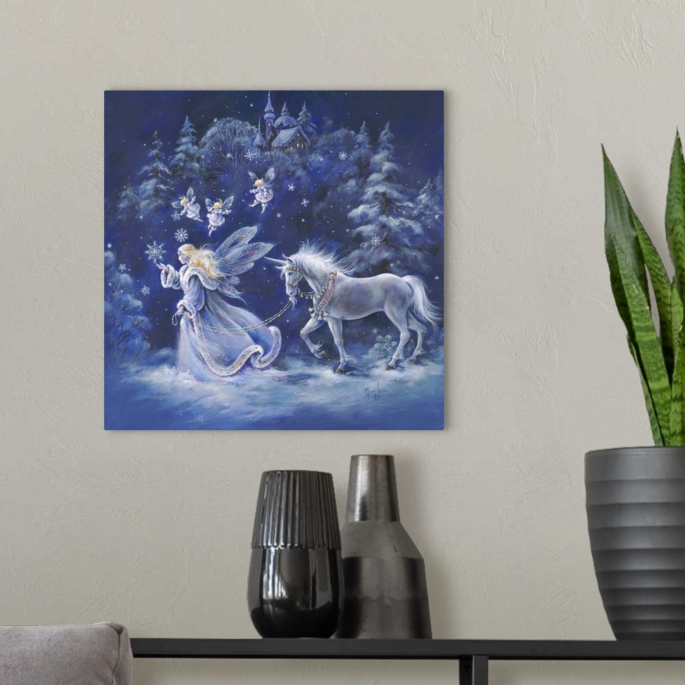A modern room featuring Whimsical contemporary fantasy artwork of fairies and unicorns in an enchanted wood.