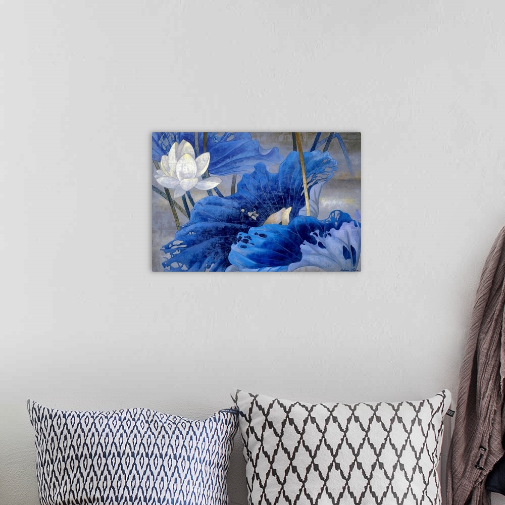 A bohemian room featuring Wall docor painting of flowers in a field on a grungy background.