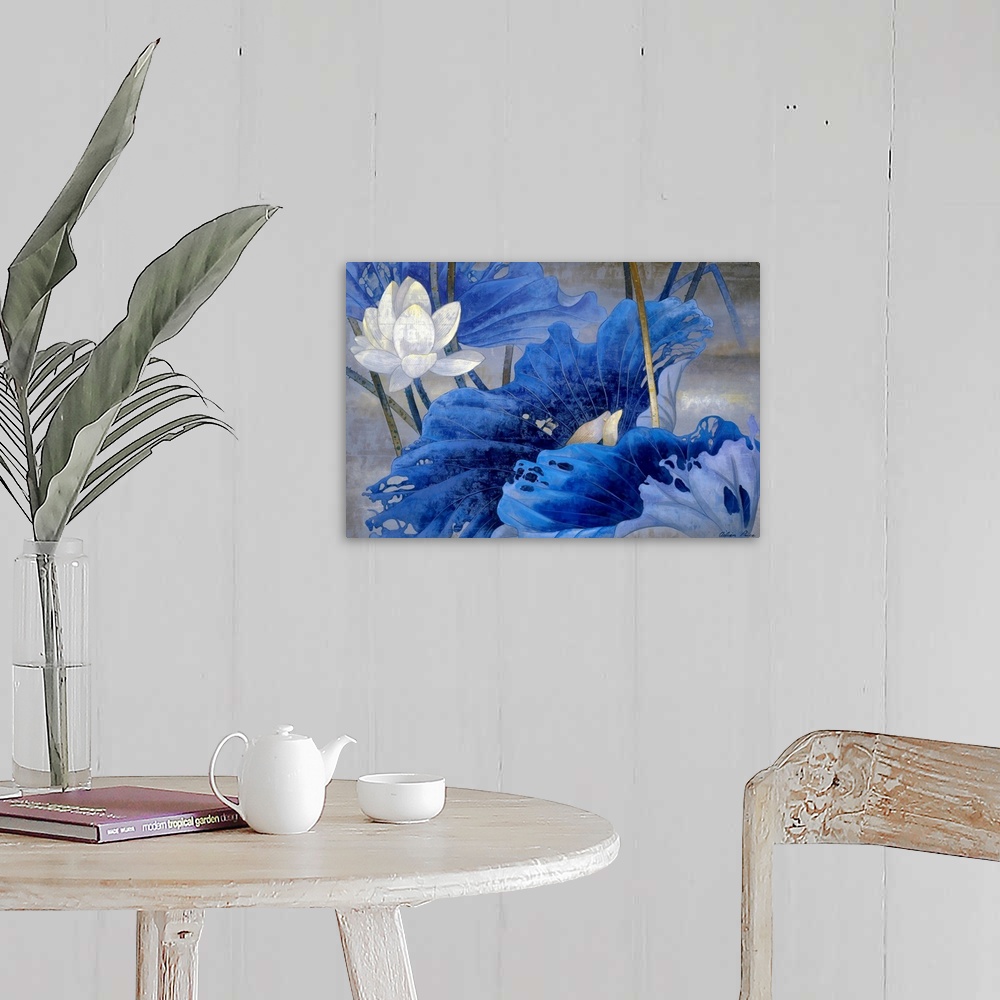 A farmhouse room featuring Wall docor painting of flowers in a field on a grungy background.