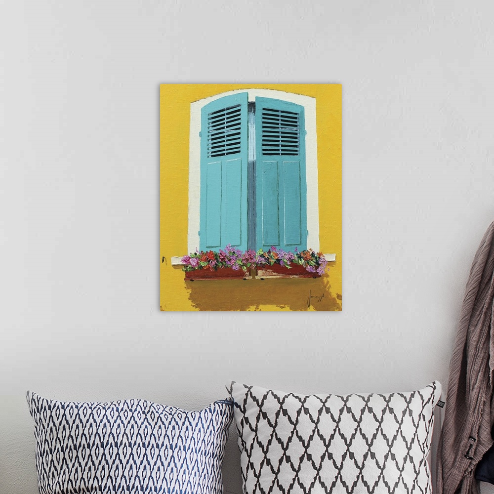 A bohemian room featuring Contemporary painting of a bright yellow wall with blue shutters and flower boxes.