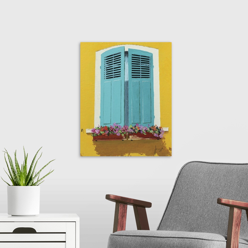 A modern room featuring Contemporary painting of a bright yellow wall with blue shutters and flower boxes.