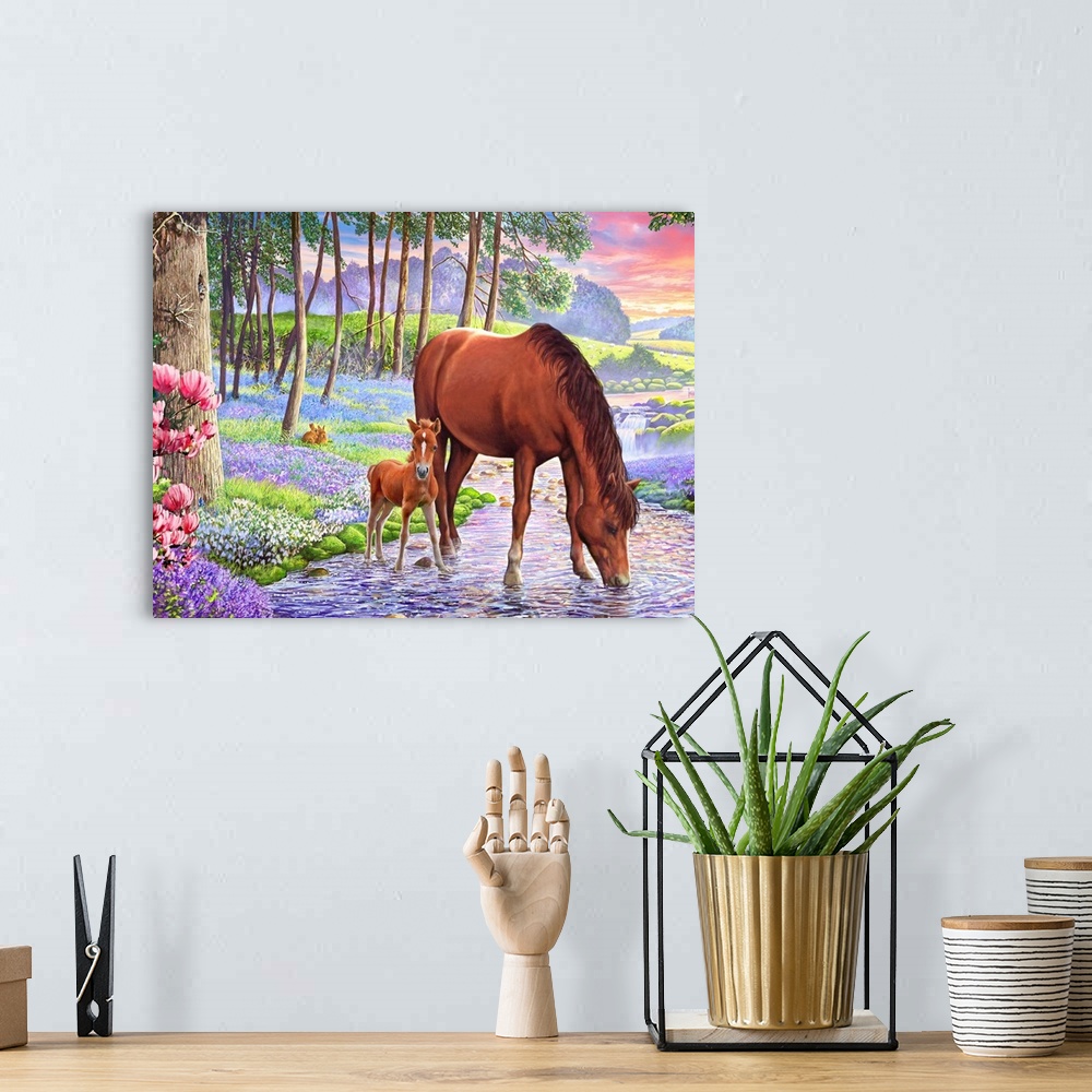 A bohemian room featuring Mare and Foal in a stream running through a bluebell wood.