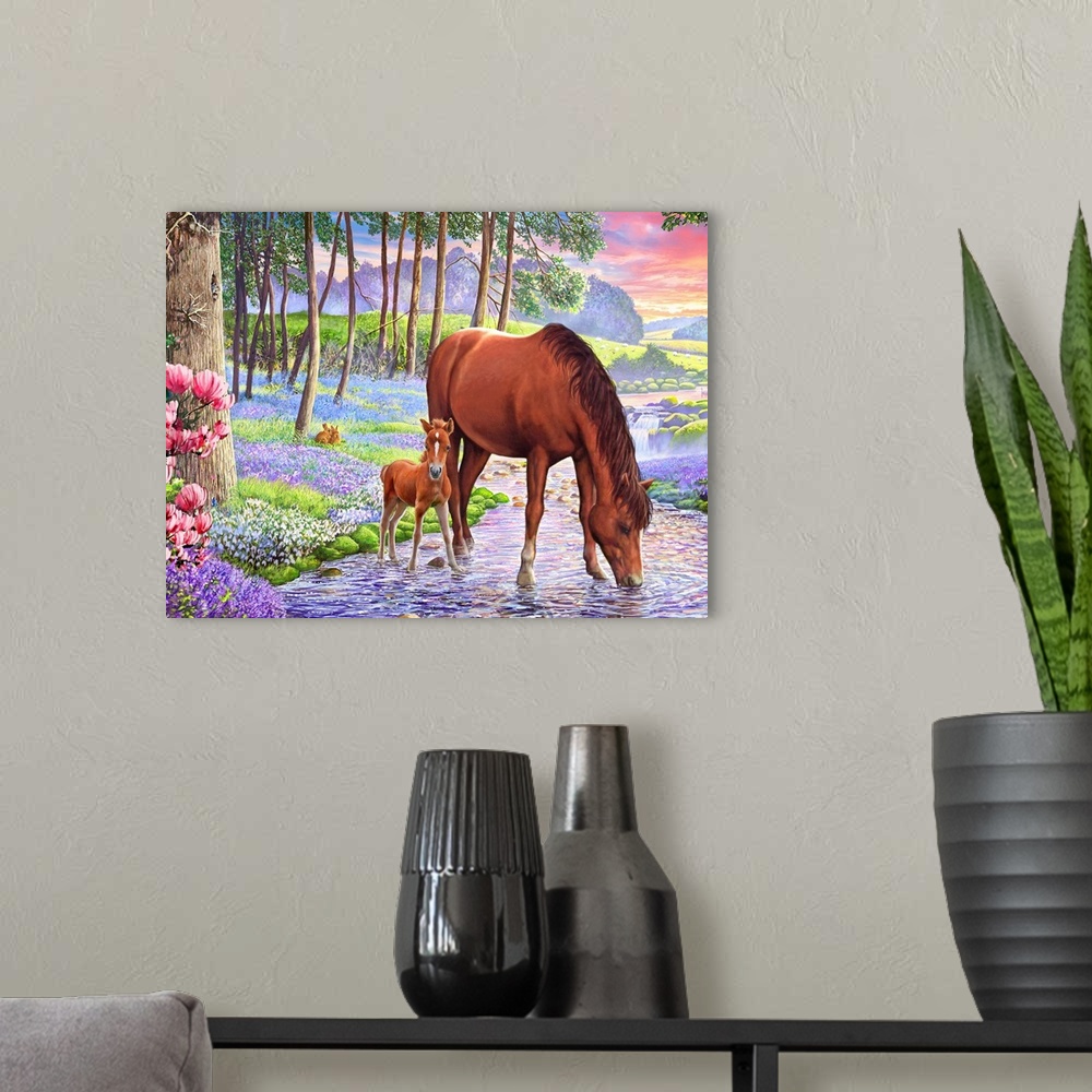 A modern room featuring Mare and Foal in a stream running through a bluebell wood.
