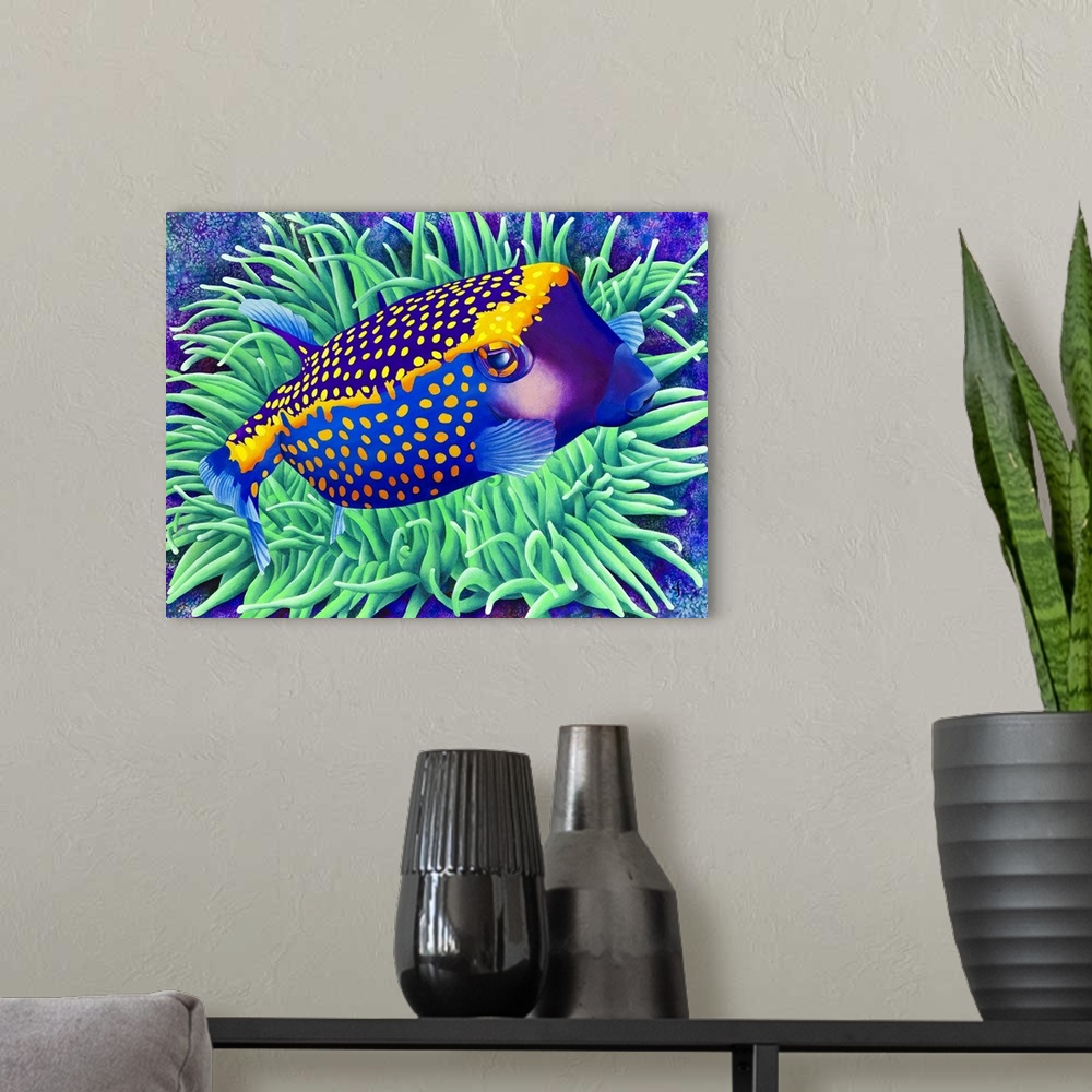 A modern room featuring Contemporary tropical themed artwork using bold vibrant colors.