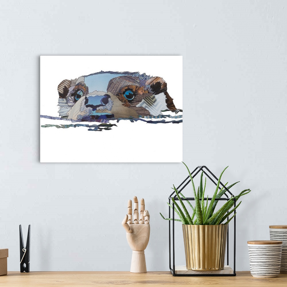 A bohemian room featuring Horizontal artwork of an otter in water in a collage style outlined in stitches.