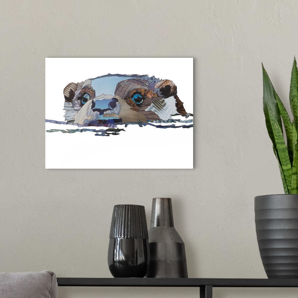 A modern room featuring Horizontal artwork of an otter in water in a collage style outlined in stitches.