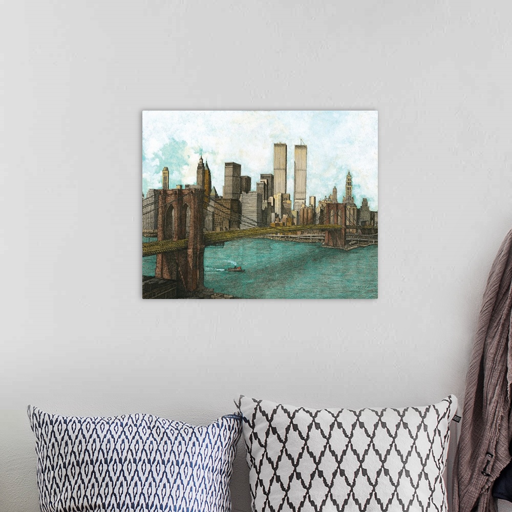 A bohemian room featuring Contemporary illustration of the Brooklyn bridge spanning the east river in New York city.