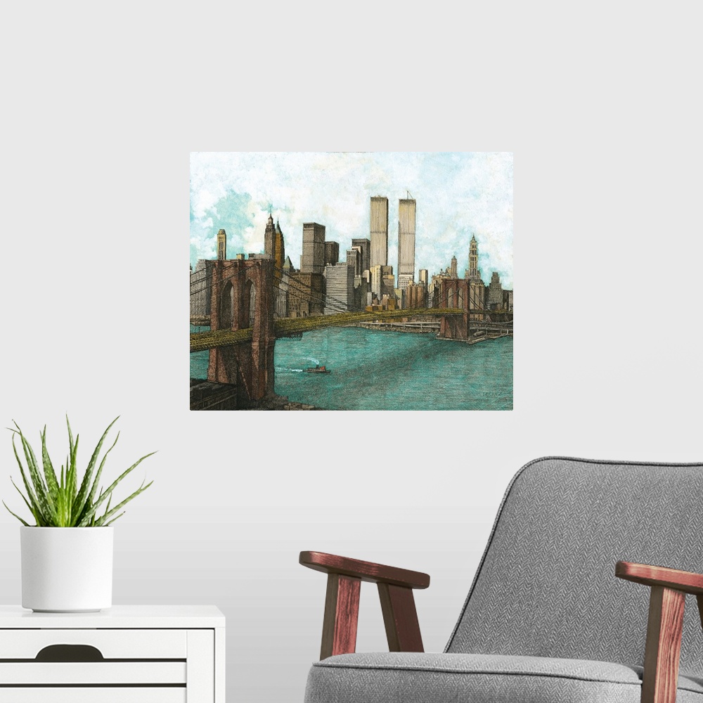 A modern room featuring Contemporary illustration of the Brooklyn bridge spanning the east river in New York city.