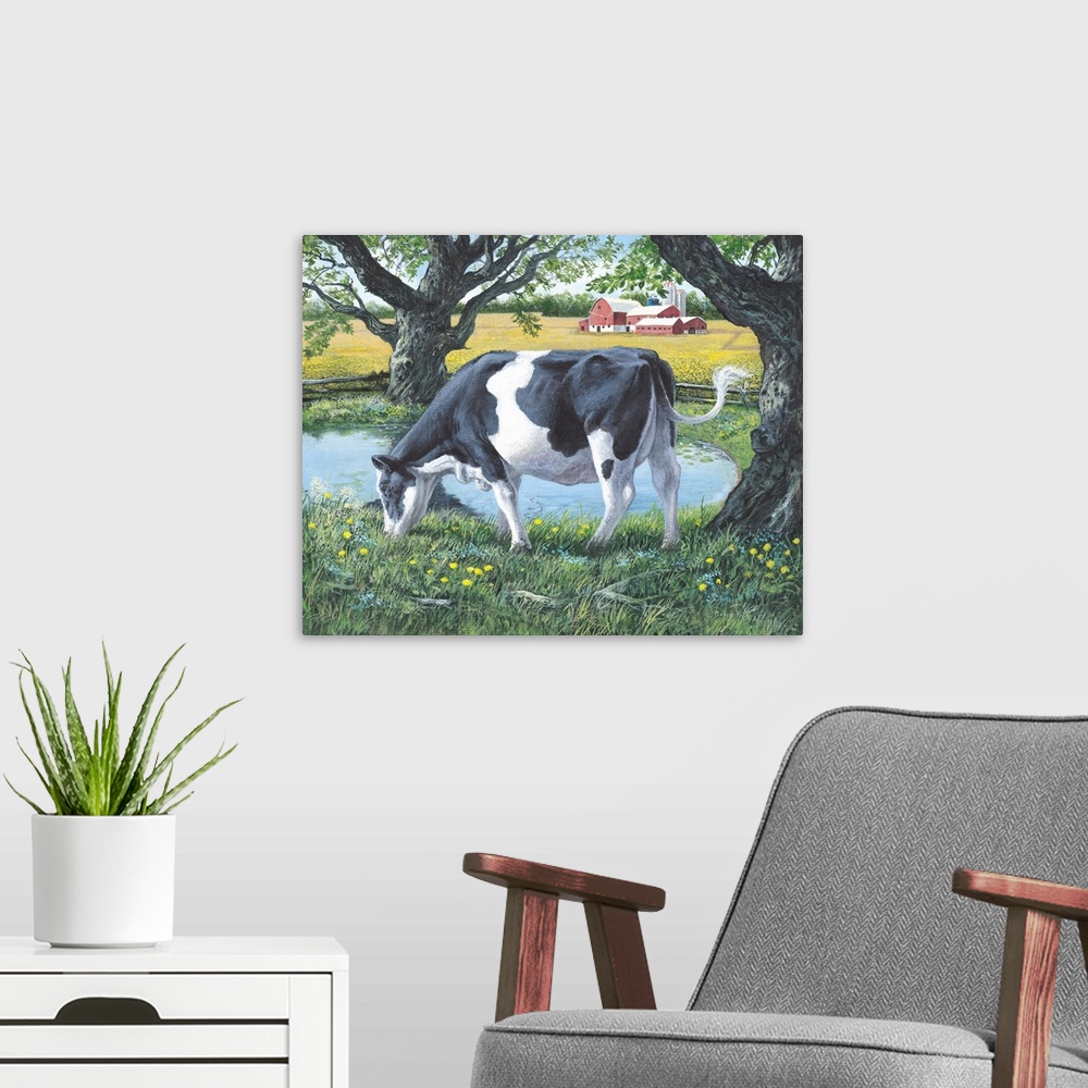 A modern room featuring Contemporary artwork of a cow grazing on lush grass next to a pond, with a red barn in the distance.