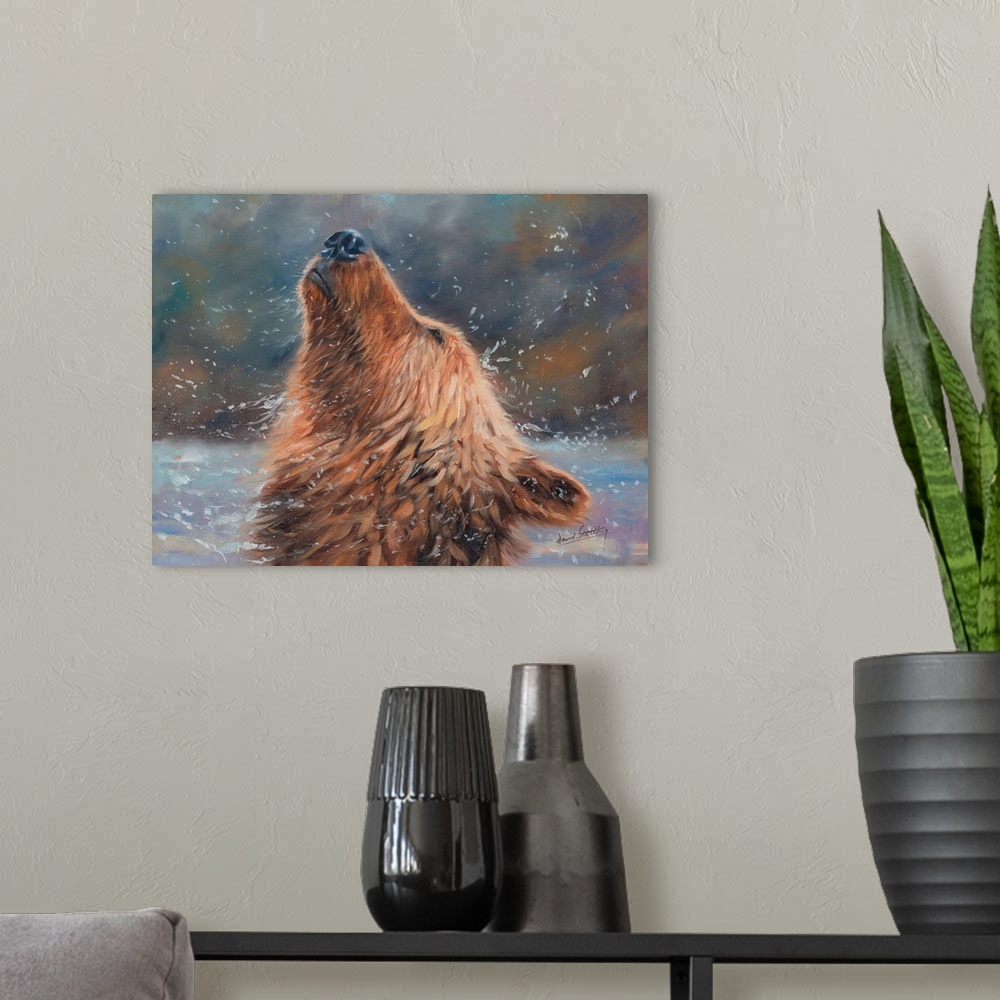 A modern room featuring Contemporary painting of a grizzly bear shaking his head to get all the water off.