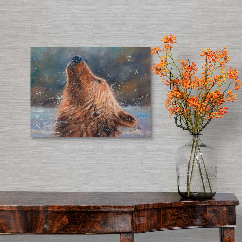 A traditional room featuring Contemporary painting of a grizzly bear shaking his head to get all the water off.