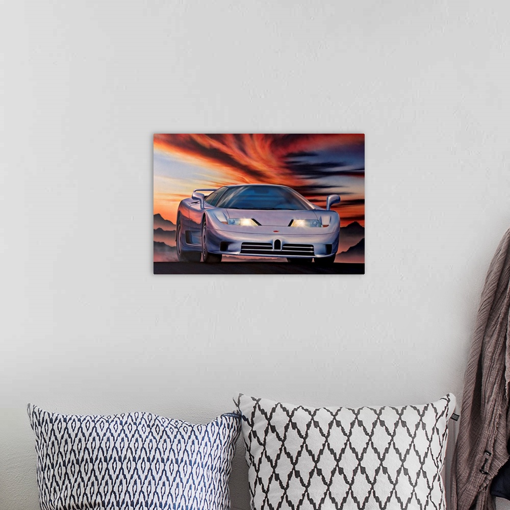 A bohemian room featuring Artwork of sports car with mountains and dark cloudy sky in the background.