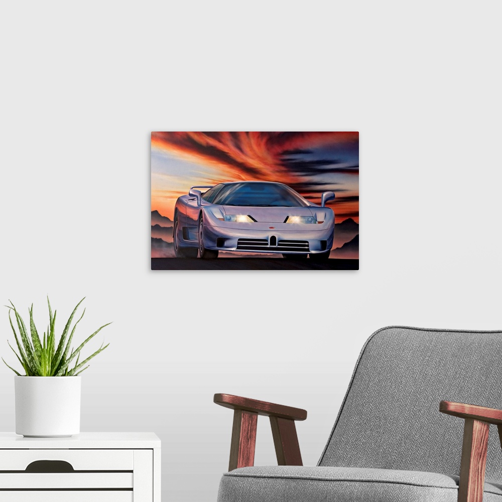 A modern room featuring Artwork of sports car with mountains and dark cloudy sky in the background.