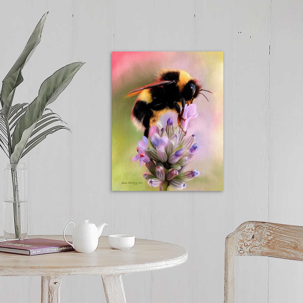 A farmhouse room featuring Oil painting of a Bumble bee on a lavender plant.
