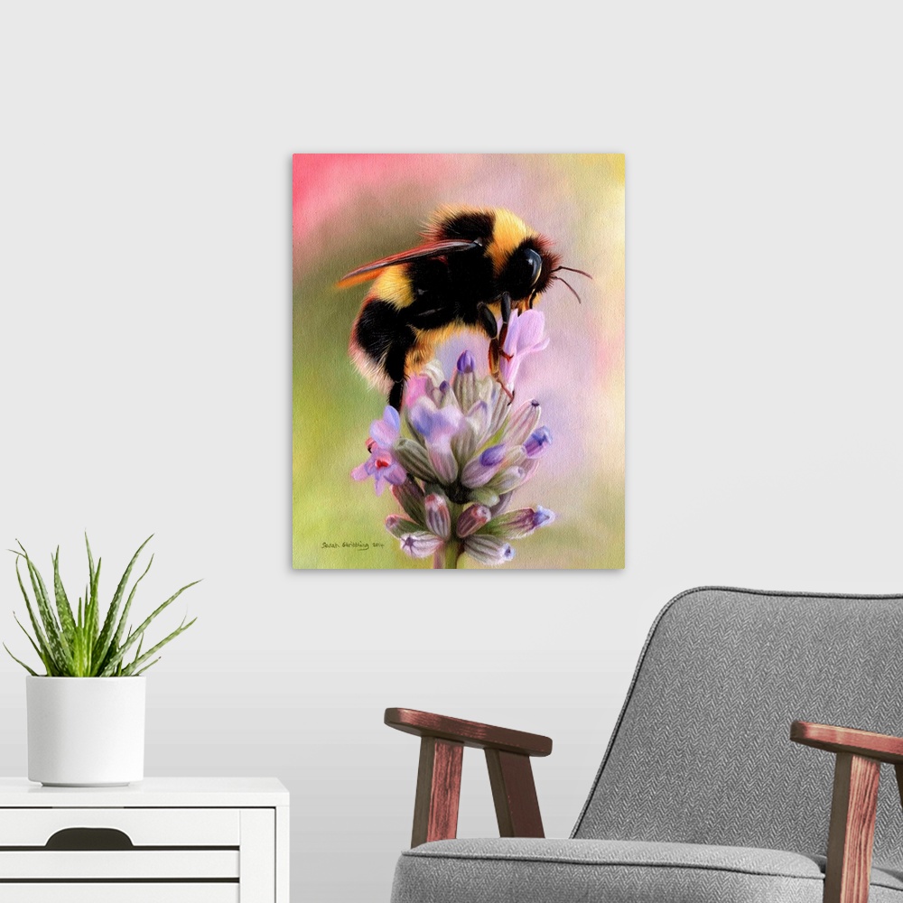 A modern room featuring Oil painting of a Bumble bee on a lavender plant.