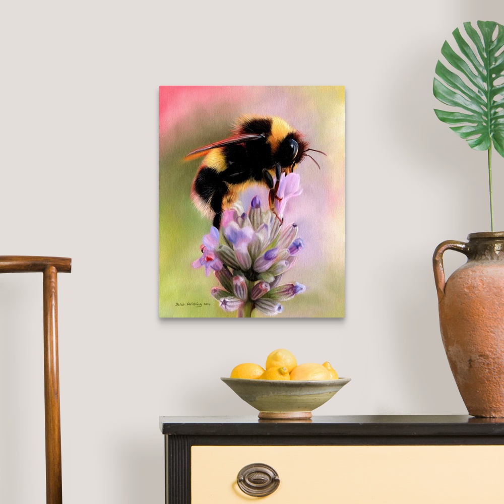 A traditional room featuring Oil painting of a Bumble bee on a lavender plant.