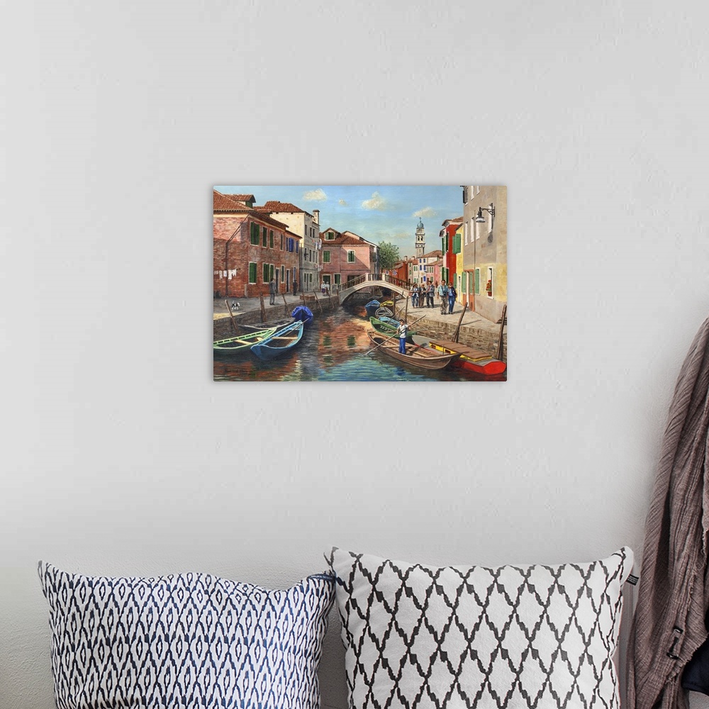 A bohemian room featuring Contemporary paining of a canal running through the city of Venice.