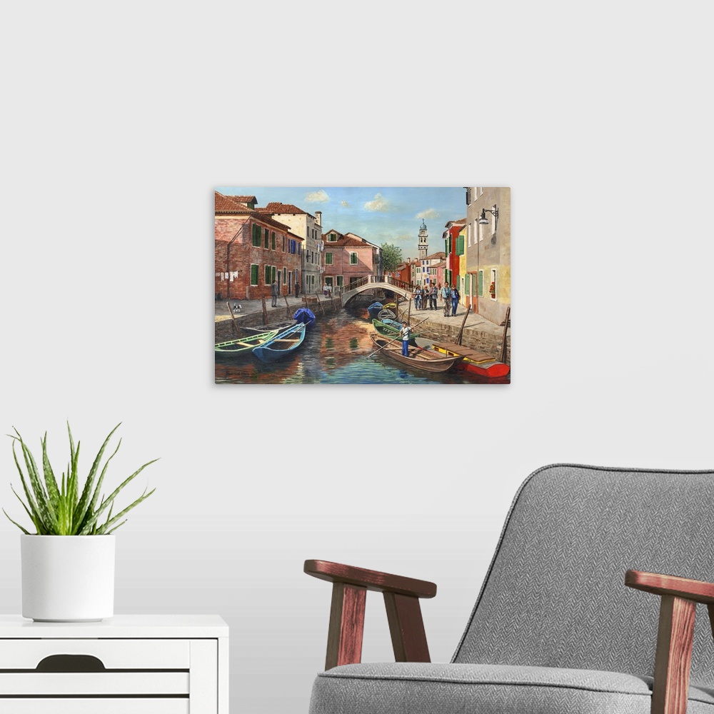 A modern room featuring Contemporary paining of a canal running through the city of Venice.