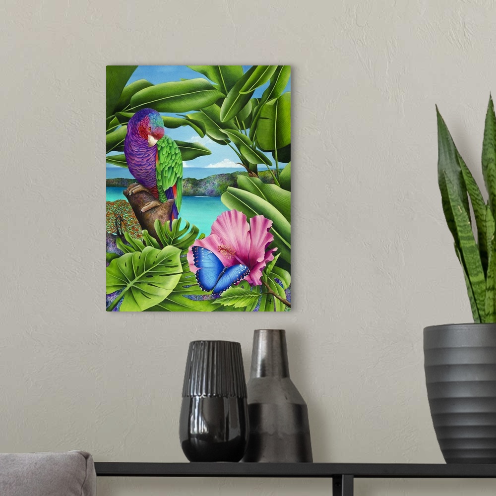 A modern room featuring Colorful tropical themed artwork using bright and vibrant colors.