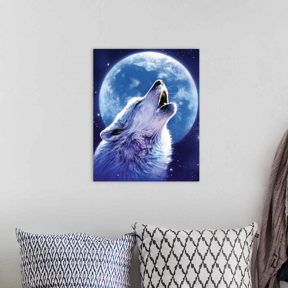A bohemian room featuring Fantasy art drawing of a wolf howling at the large moon in a star filled sky.