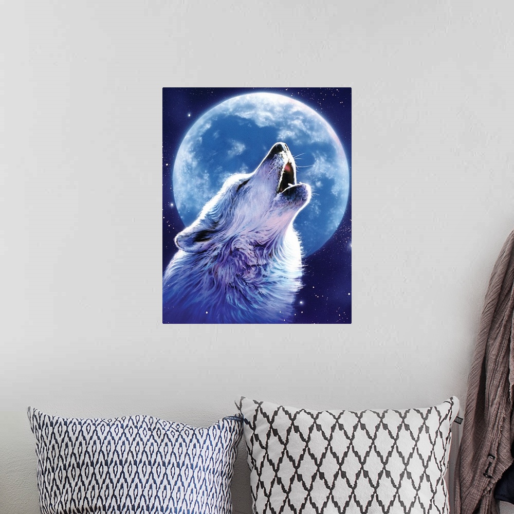 A bohemian room featuring Fantasy art drawing of a wolf howling at the large moon in a star filled sky.