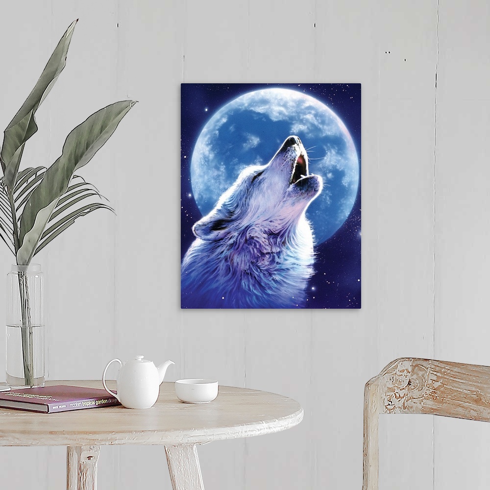 A farmhouse room featuring Fantasy art drawing of a wolf howling at the large moon in a star filled sky.