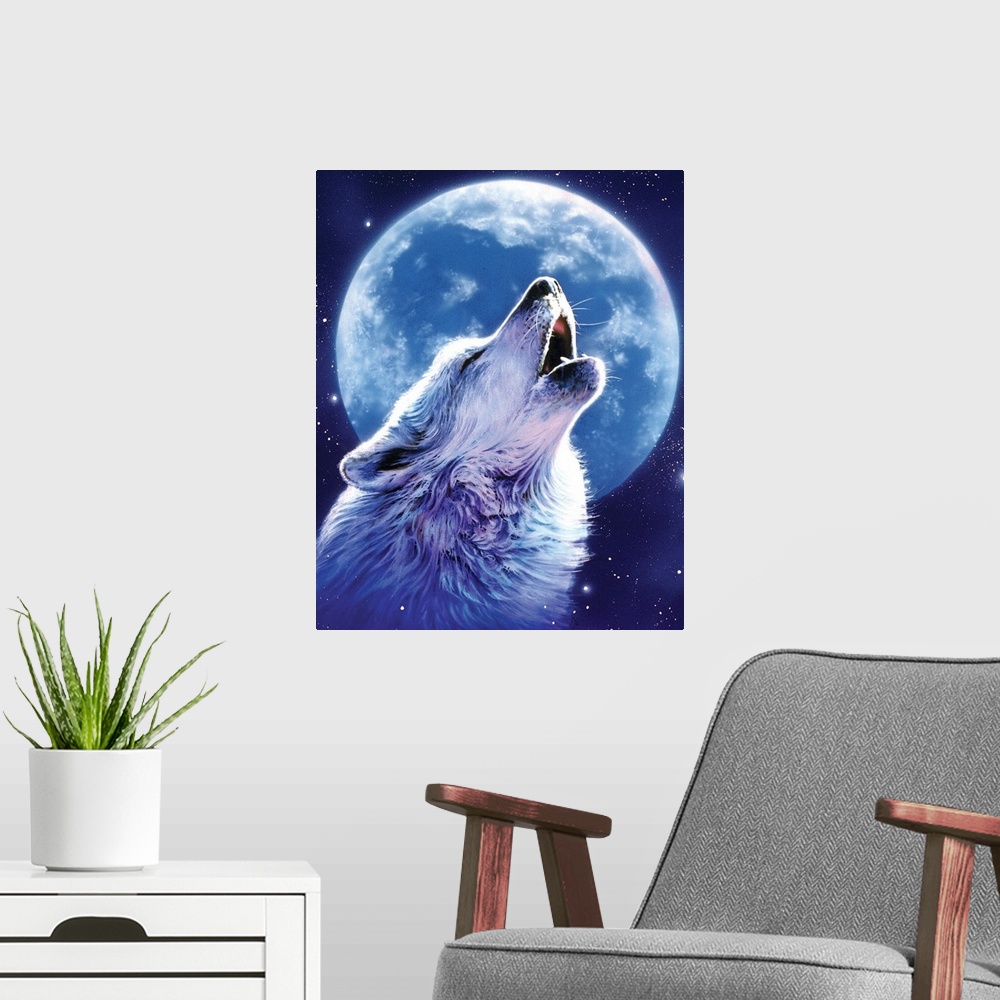 A modern room featuring Fantasy art drawing of a wolf howling at the large moon in a star filled sky.
