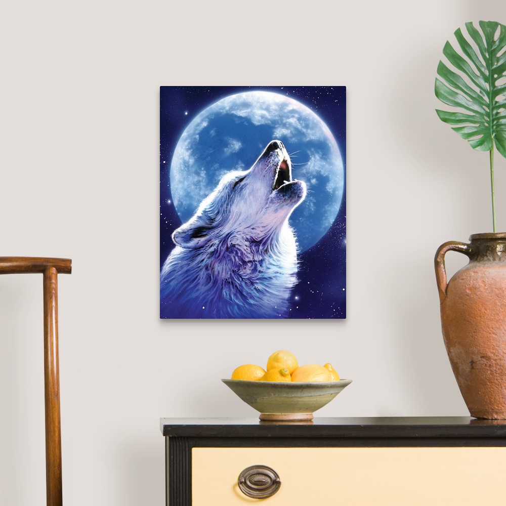 A traditional room featuring Fantasy art drawing of a wolf howling at the large moon in a star filled sky.