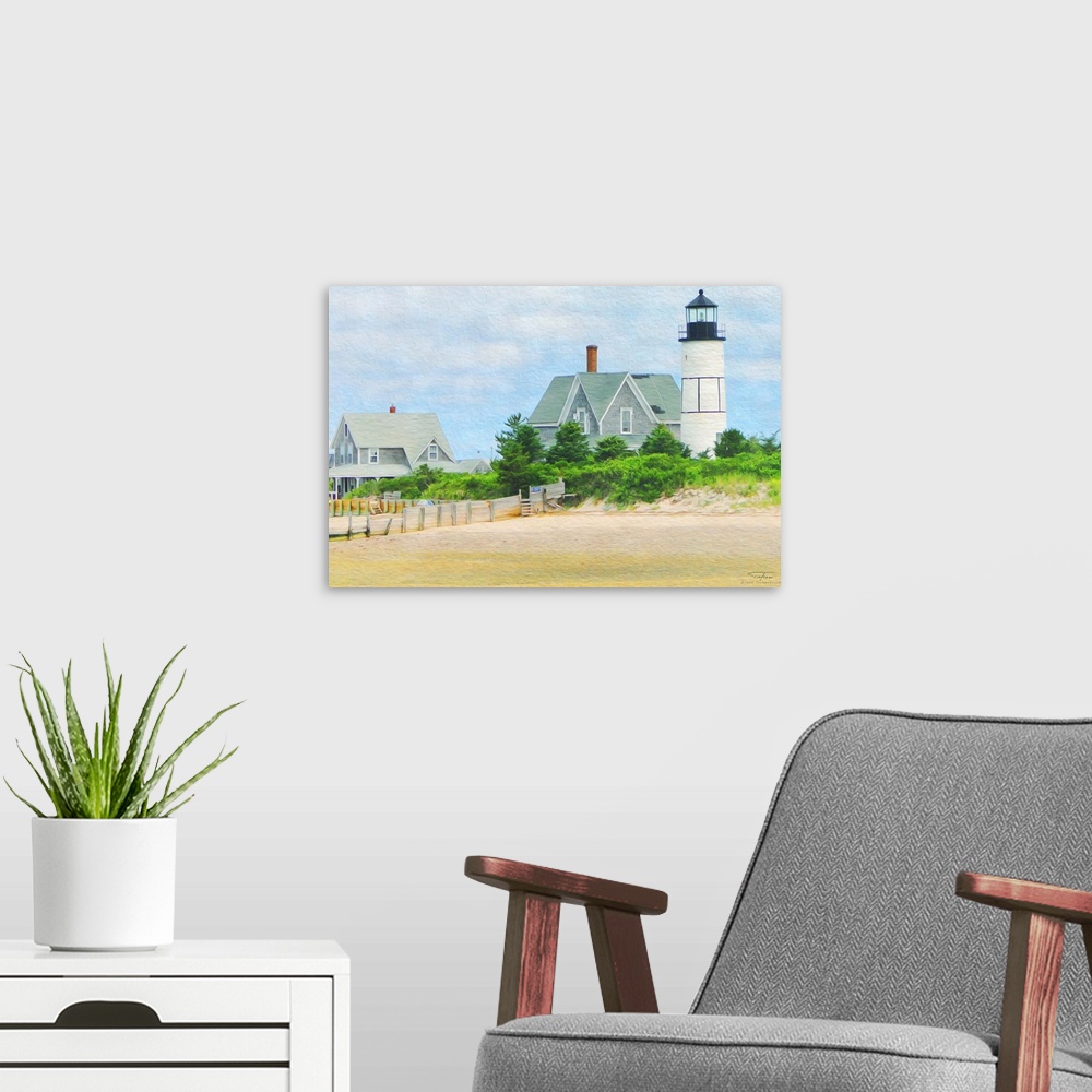 A modern room featuring A lighthouse on the edge of a sandy beach in New England.