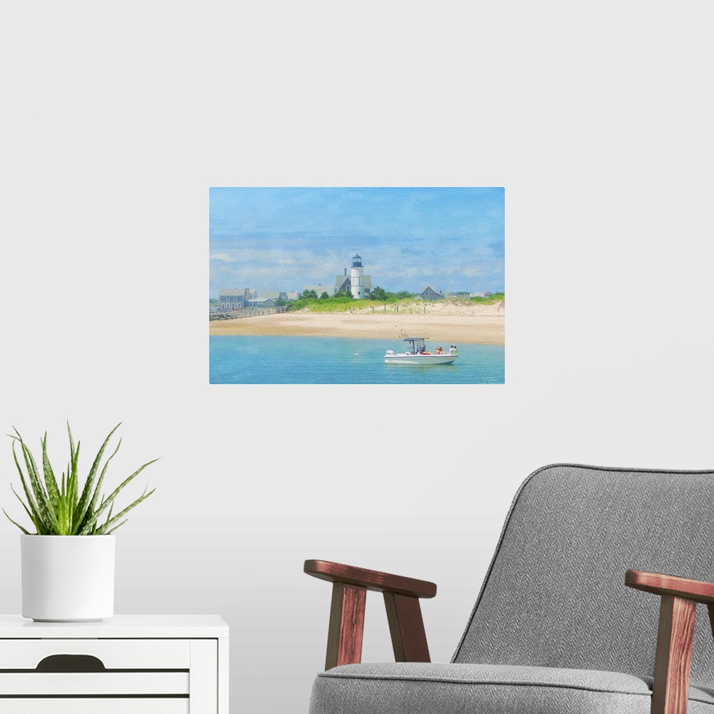 A modern room featuring A lighthouse on the beach with a boat on the water in New England.
