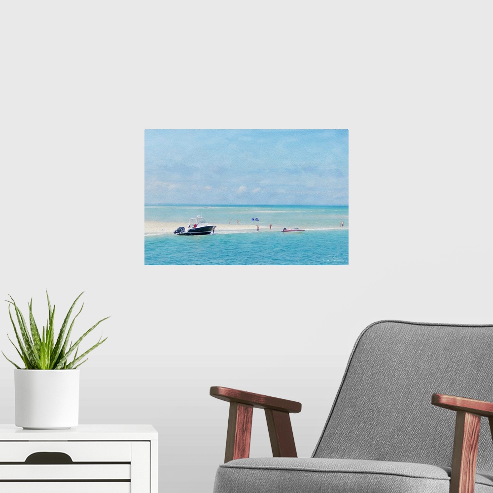 A modern room featuring A boat at the edge of a sandy beach with jet skis on the water.