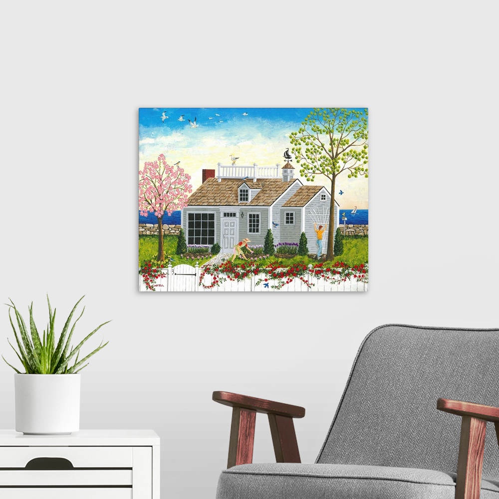 A modern room featuring A small house near the water in New England in the springtime.