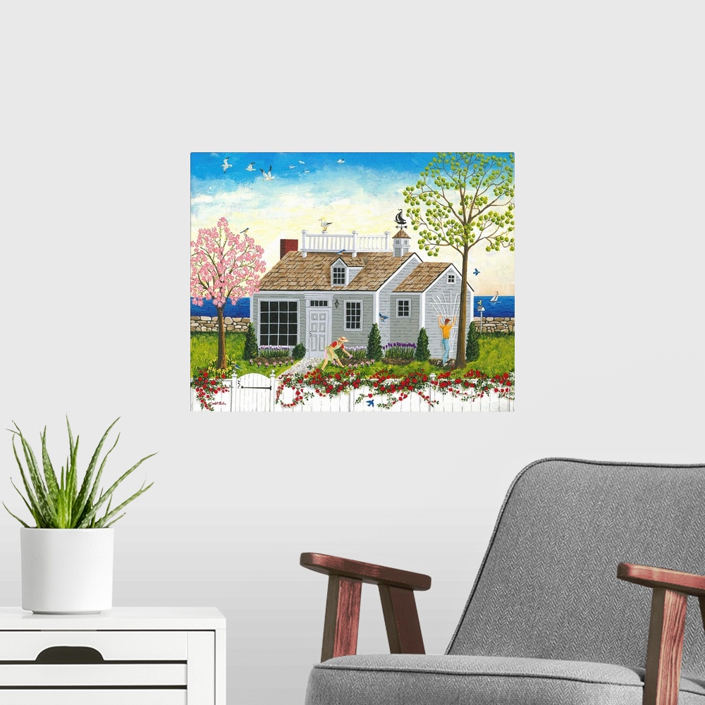 A modern room featuring A small house near the water in New England in the springtime.
