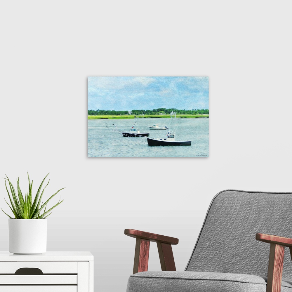 A modern room featuring Three fishing boats on the water near the coast in New England.