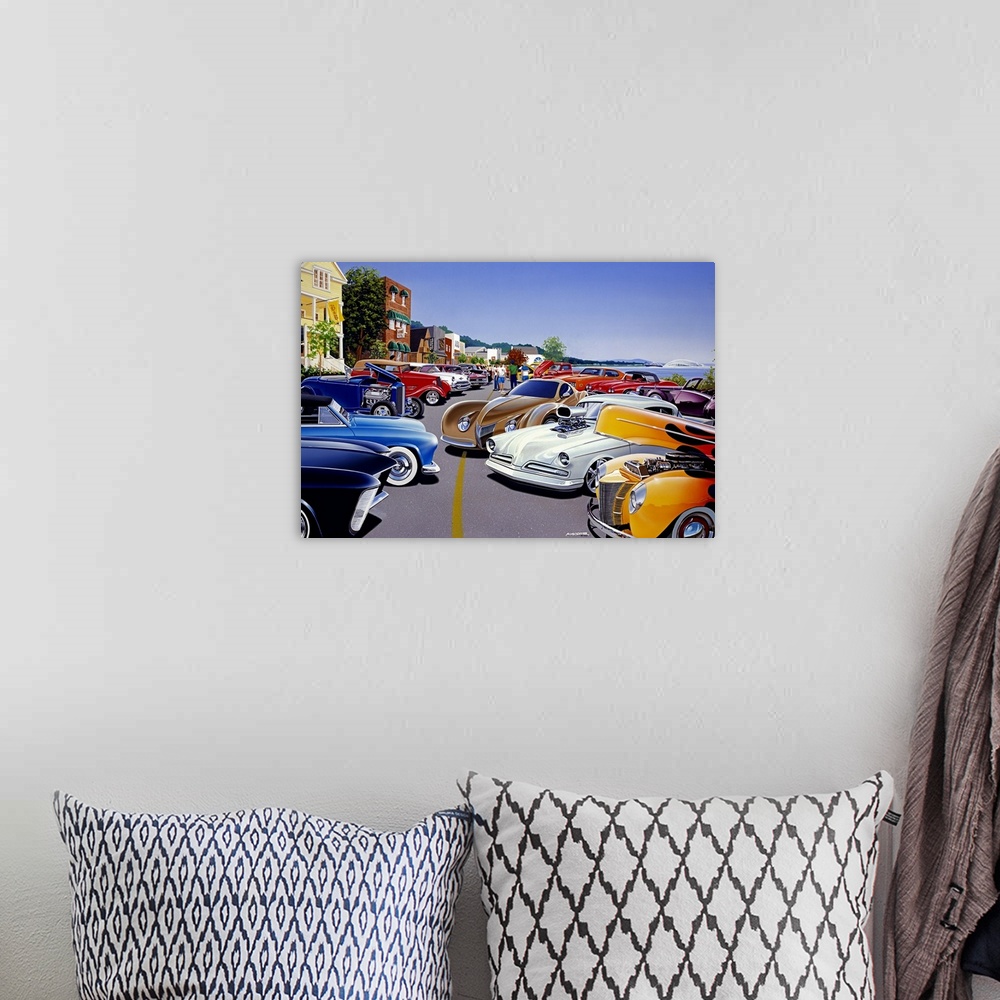 A bohemian room featuring Colorful artwork of a group of classic automobiles and hot rods in a lakeside town, engines and p...