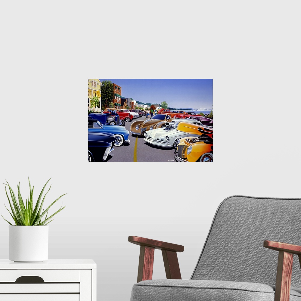 A modern room featuring Colorful artwork of a group of classic automobiles and hot rods in a lakeside town, engines and p...
