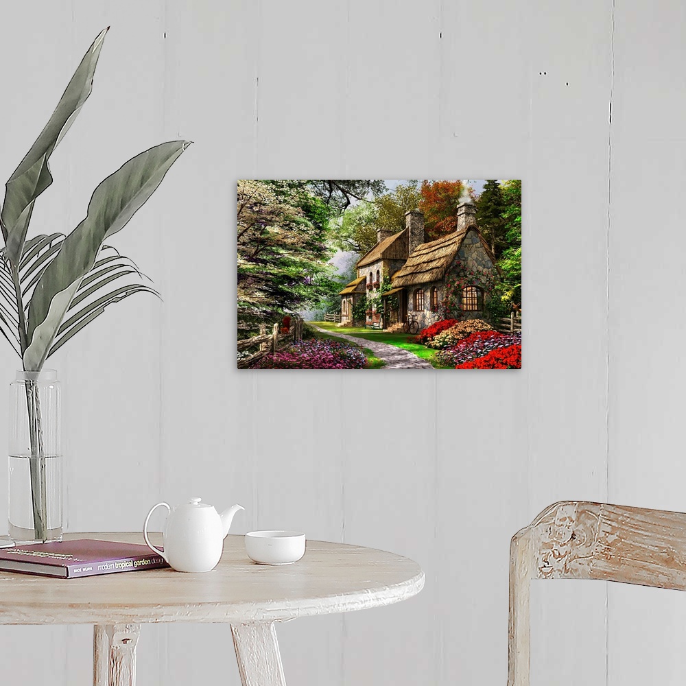A farmhouse room featuring Decorative art for the home or cabin this cozy painting of a thatched roof home in the forest sur...