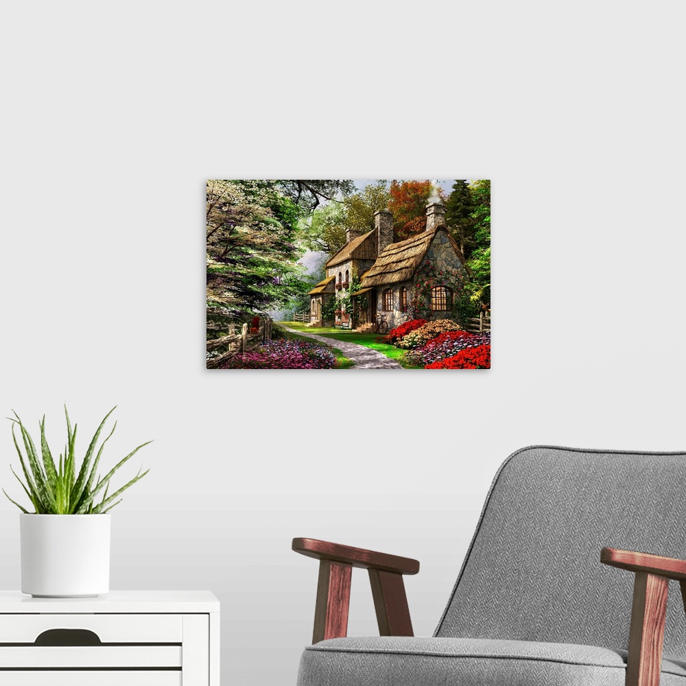 A modern room featuring Decorative art for the home or cabin this cozy painting of a thatched roof home in the forest sur...