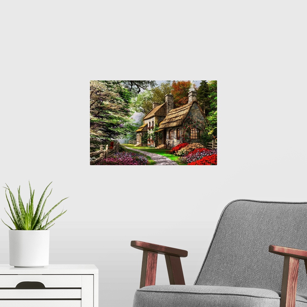 A modern room featuring Decorative art for the home or cabin this cozy painting of a thatched roof home in the forest sur...