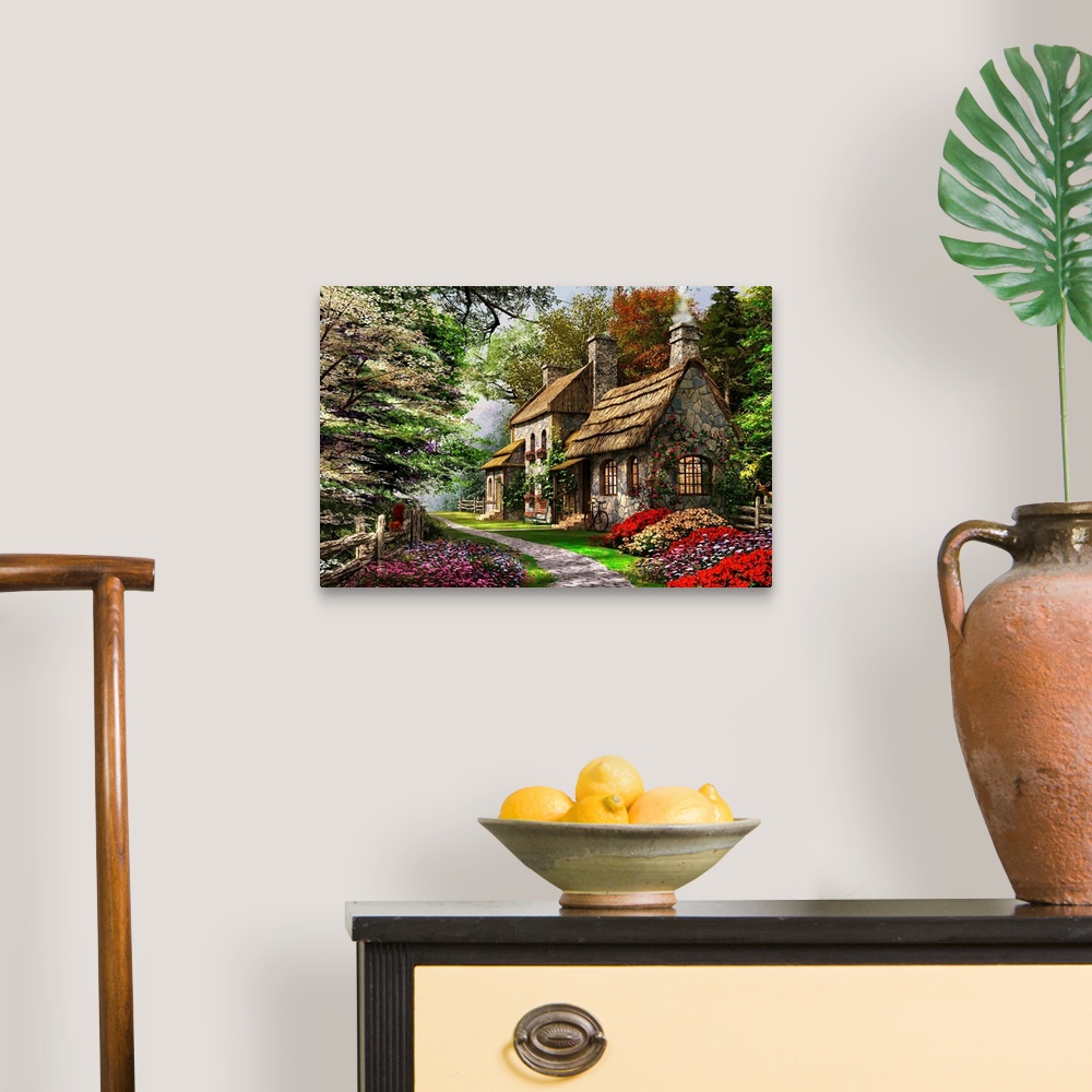 A traditional room featuring Decorative art for the home or cabin this cozy painting of a thatched roof home in the forest sur...