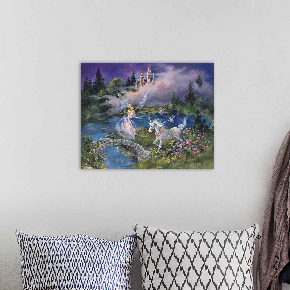 A bohemian room featuring Whimsical contemporary fantasy artwork of fairies and unicorns in an enchanted garden.